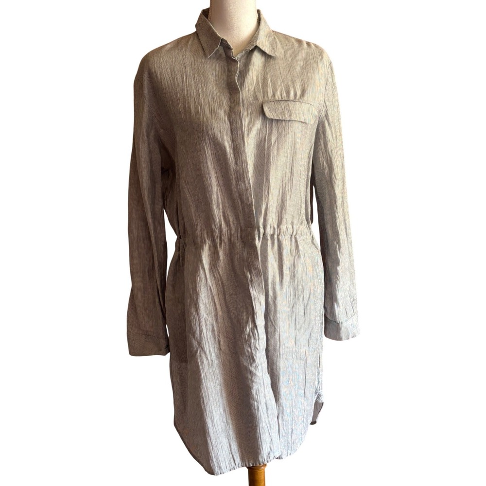 ATM Anthony Thomas Melillo Pinstripe Linen Blend Snap Front Shirt Dress Coastal